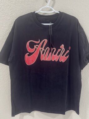 AMIRI Black Tee with Pink Script Graphic